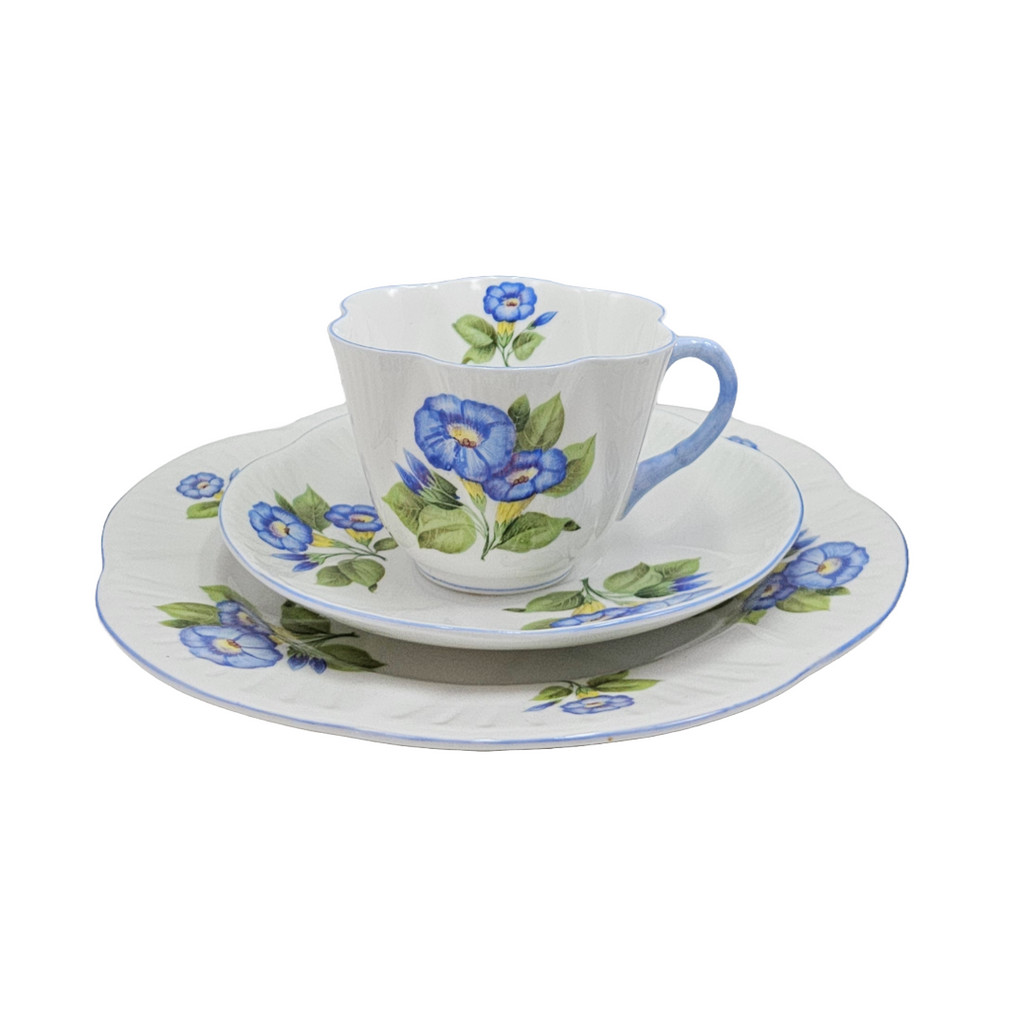 Shelley England Dainty Porcelain Cup Saucer Trio Morning Glory Pattern Cornflower Blue Trim