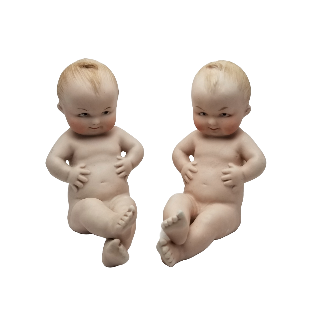 Gebruder Heubach German All Bisque Porcelain Babies Hand Painted Chubby Belly Twins Each Baby Numbered Square Makers Mark 5" Tall