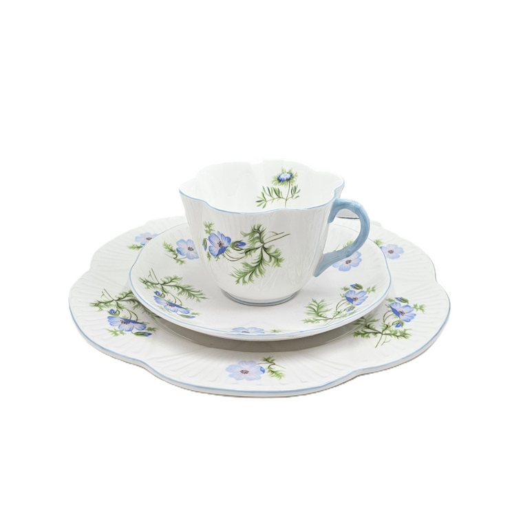 Shelley England Dainty Porcelain Cup Saucer Trio Blue Poppy Pattern Cornflower Blue Trim