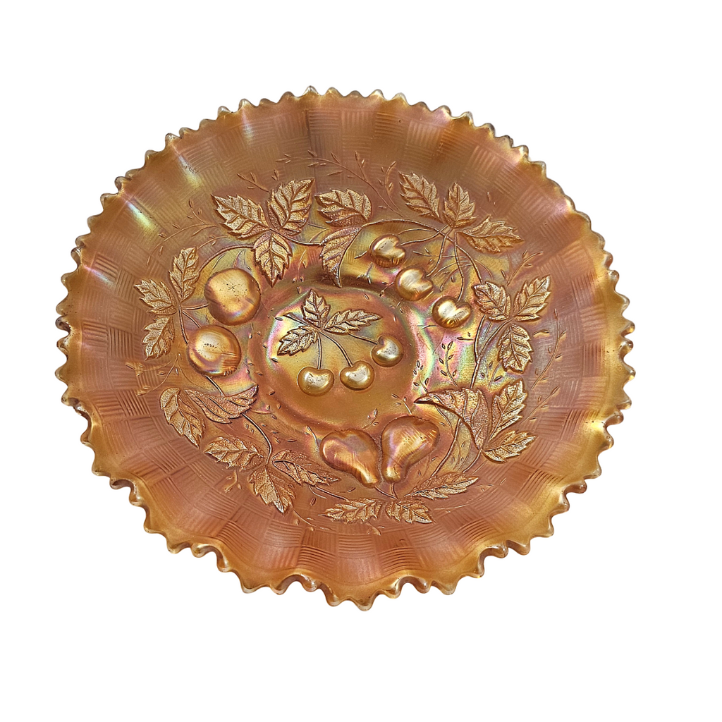 Northwood Marigold Three Fruits Carnival Glass Bowl Basket Weave Back