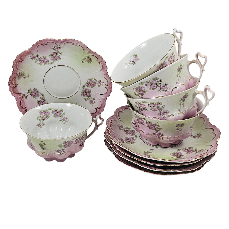 Antique Austrian Floral Porcelain Pink & Green Ornate 10 pc Cup Set