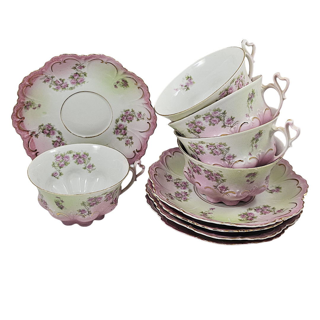 Antique Austrian Floral Porcelain Pink & Green Ornate 10 pc Cup Set