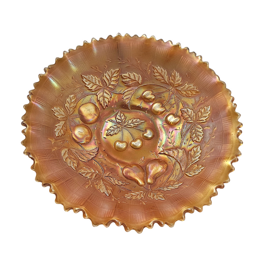 Northwood Marigold Three Fruits Carnival Glass Bowl Basket Weave Back