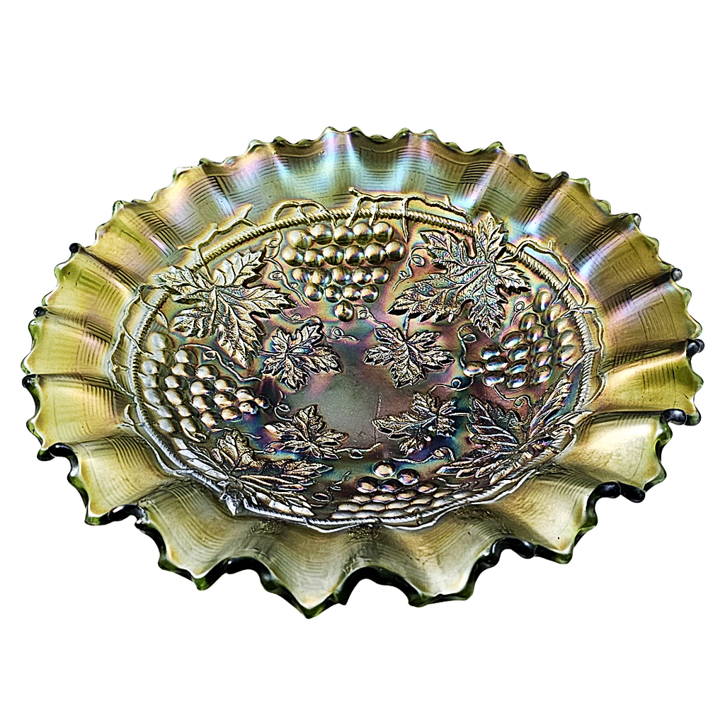 Antique Vintage Northwood Glass Green Grape and Cable Carnival Glass Bowl
