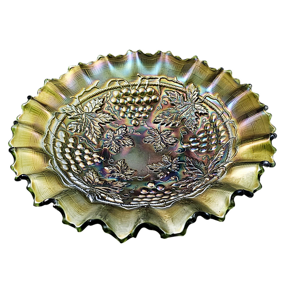 Antique Vintage Northwood Glass Green Grape and Cable Carnival Glass Bowl