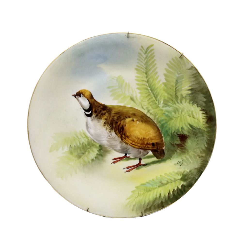 Antique LIMOGES French Porcelain Charger Plate Game Bird Quail Plaque Artist Signed Lus Limoges French Hand Painted Wall Plate