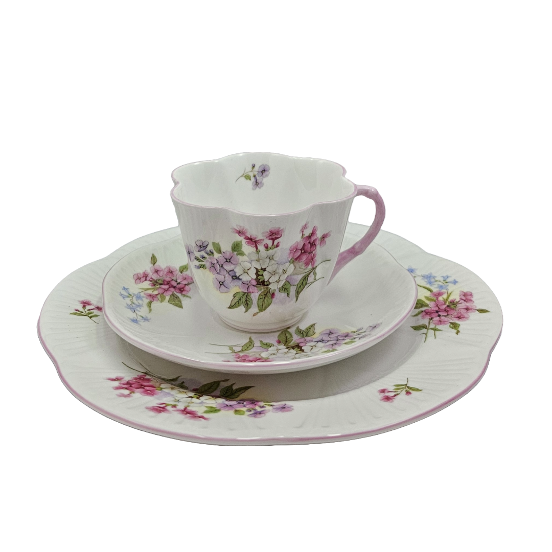 Shelley England Dainty Porcelain Cup Saucer Trio Stocks Pattern Pink Trim Lavender Flowers