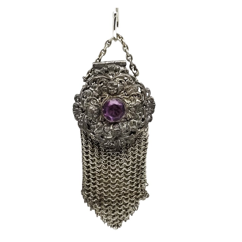 Rare Miniature Antique Armor Mesh Rosary Purse Cherub Carved Top Amethyst Glass Jeweled Top