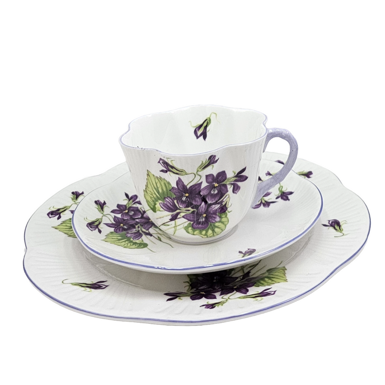 Shelley England Dainty Porcelain Cup Saucer Trio Violets Pattern Lavender Trim