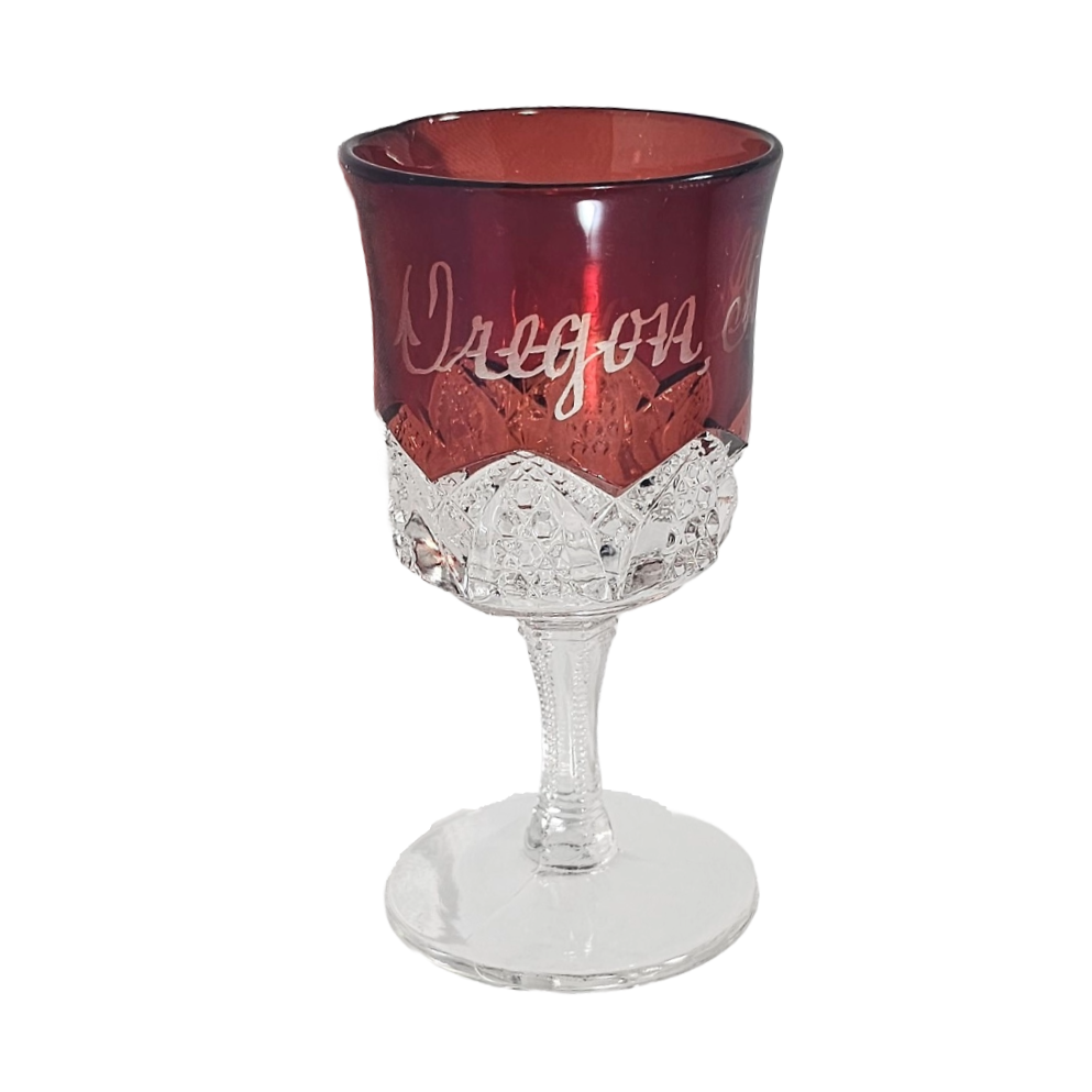 EAPG Duncan Sons Button Arches Ruby Stained Glass Wine Goblet Souvenir Cup Oregon Illinois