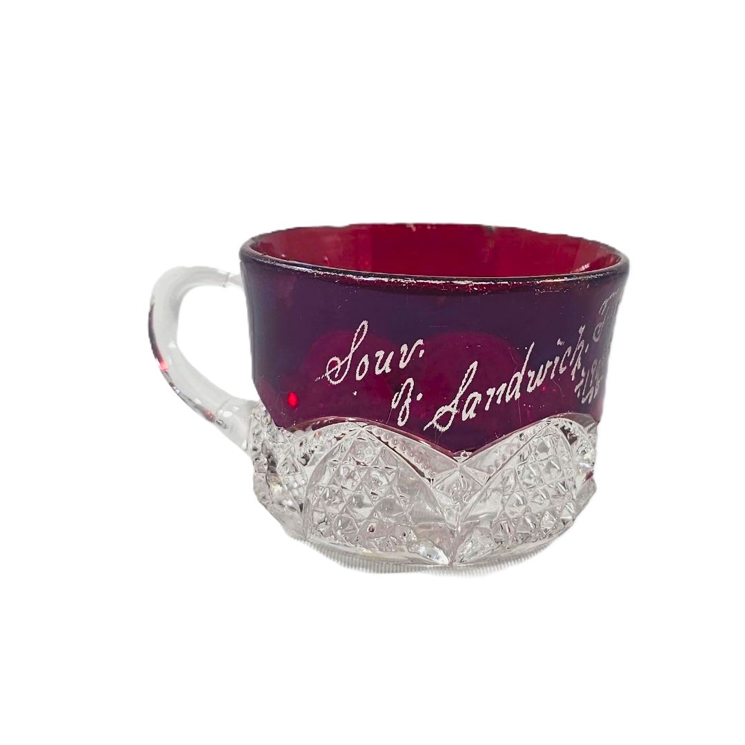 EAPG Duncan Sons Button Arches Ruby Stained Glass Punch Cup Mug Souvenir of Sandwich 1902 Fair