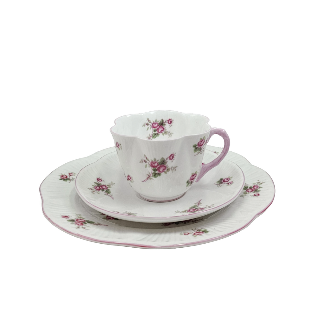 Shelley England Dainty Porcelain Cup Saucer Trio Bridal Rose Pattern Pink Trim