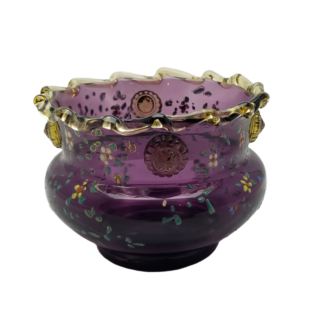 Moser Bohemian Purple Amethyst Art Glass Bowl Vase Rigaree Applied Prunts and Enamel Flowers