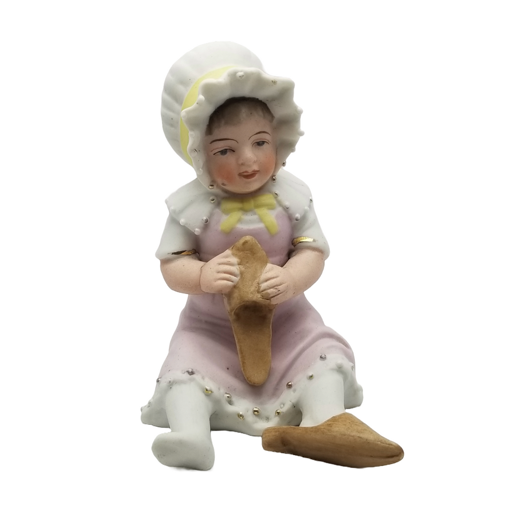 German Porcelain Bisque Piano Baby Mama's Shoes Seated Figurine