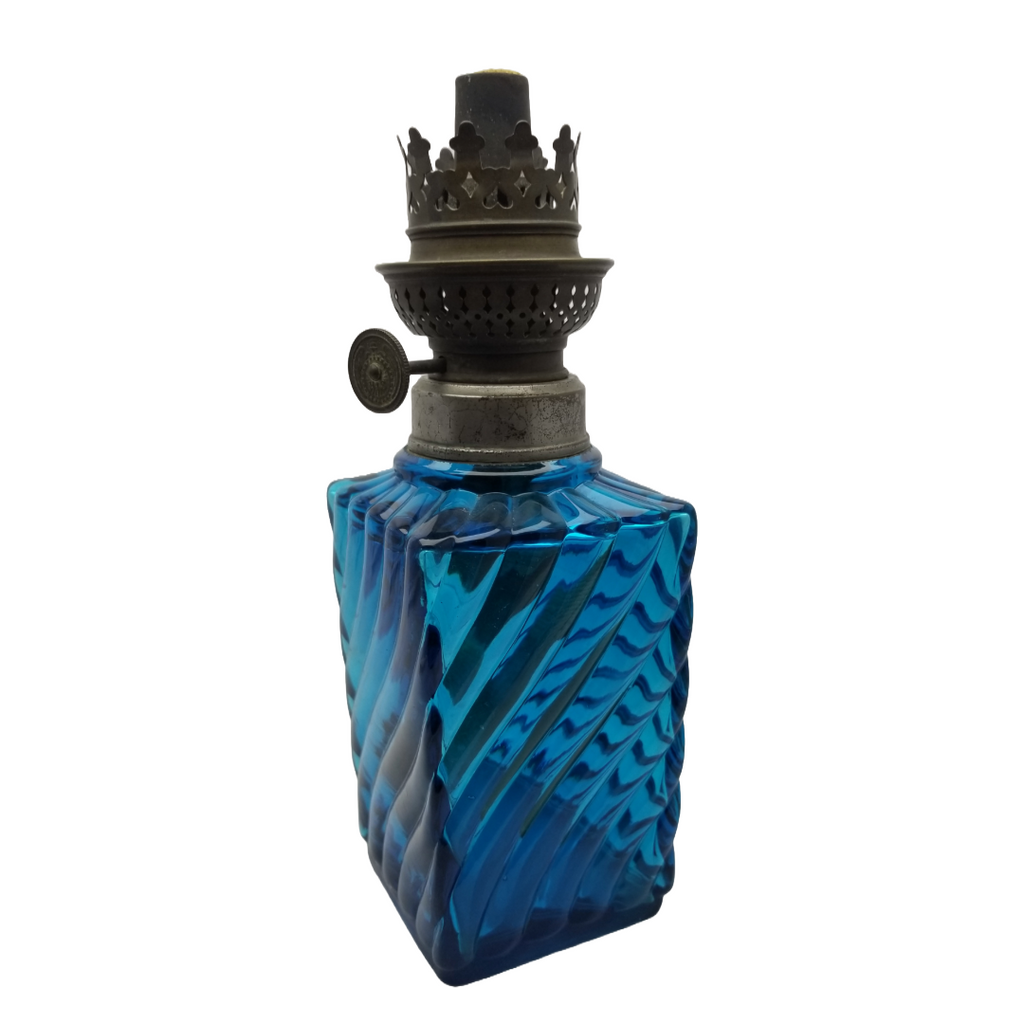 Baccarat French Art Glass Oil Lamp in Peacock Blue with Ribbed and Swirl Pattern”