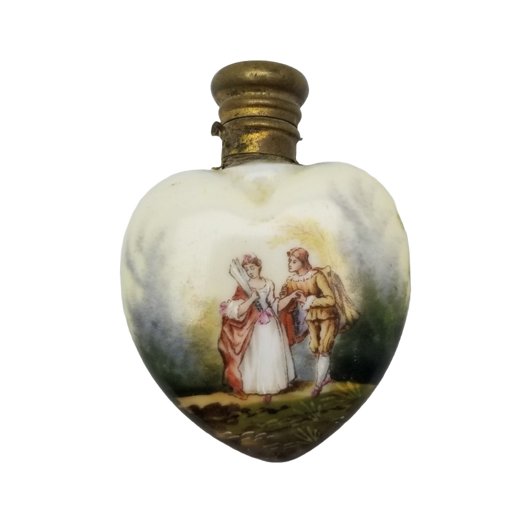 Victorian French Miniature Scent Bottle, Hand Decorated Heart, Courting Scene