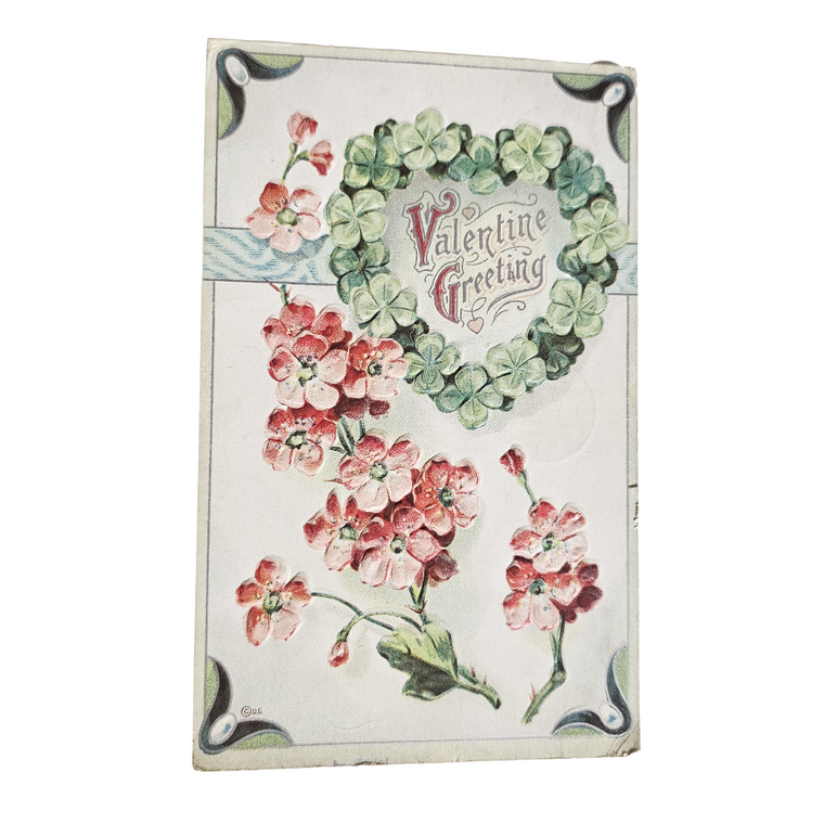Vintage Valentine Postcard Heart Shaped Clover Surrounded By Pink Flowers