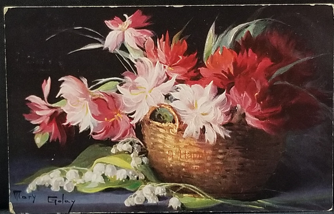 Birthday Postcard Basket of Flowers Artist Signed Mary Golay