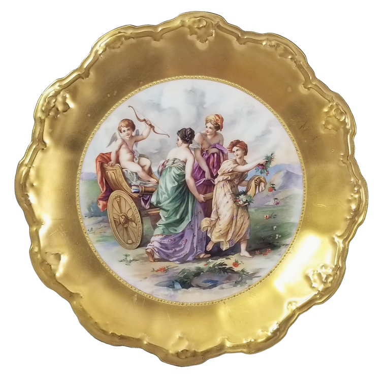 french porcelain scenic plate after kauffmann, the Triumph of Amor. Cupid and maidens. 22 karat gold plate.