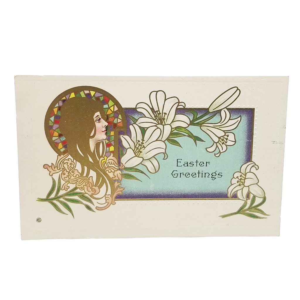 Easter Postcard Art Nouveau Woman Golden Hair White Lilies Series 307B