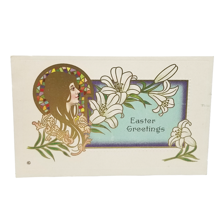 Easter Postcard Art Nouveau Woman Golden Hair White Lilies Series 307B