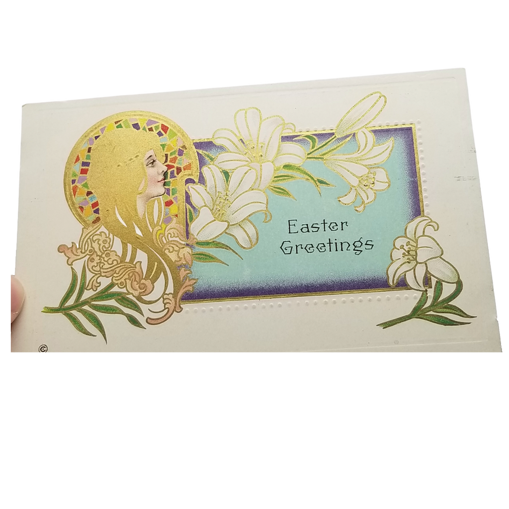 Easter Postcard Art Nouveau Woman Golden Hair White Lilies Series 307B