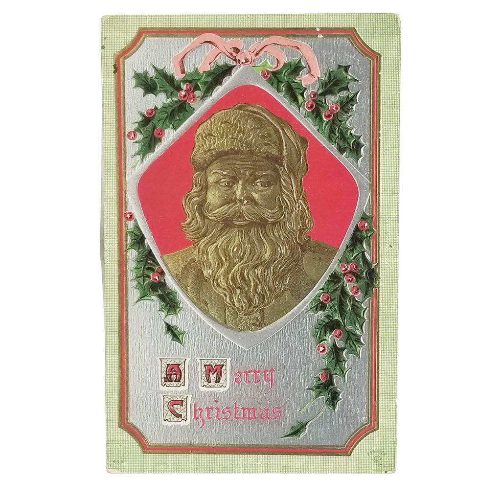 Antique Gold Embossed Father Christmas Santa Claus in Tassel Cap with Holly Wreath
