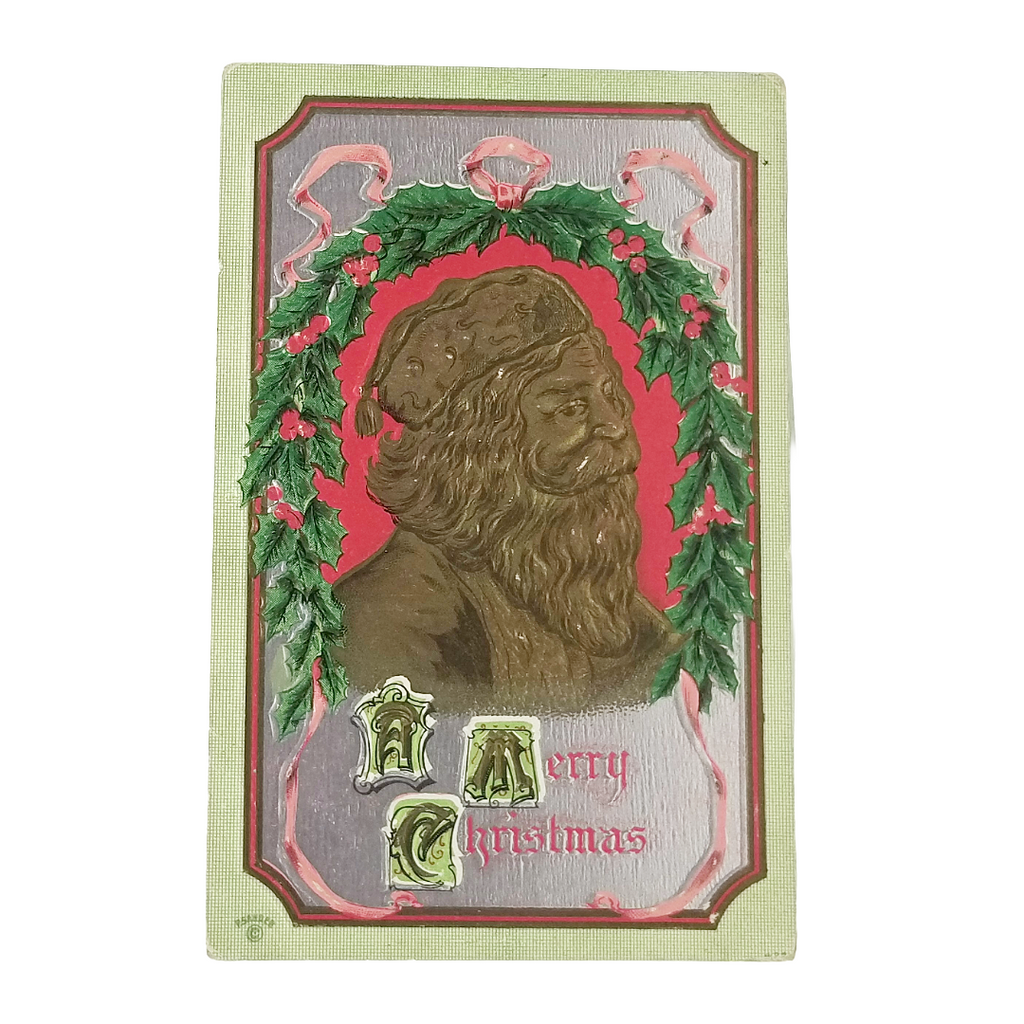 Antique Gold Embossed Father Christmas Santa Claus in Tassel Cap with Holly Wreath