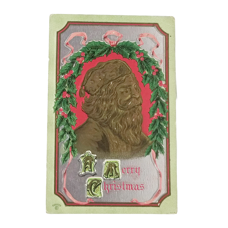 Antique Gold Embossed Father Christmas Santa Claus in Tassel Cap with Holly Wreath