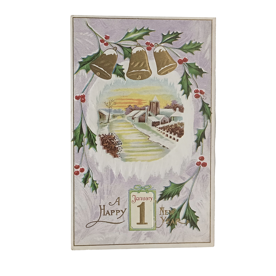 Vintage new year postcard with snowy town