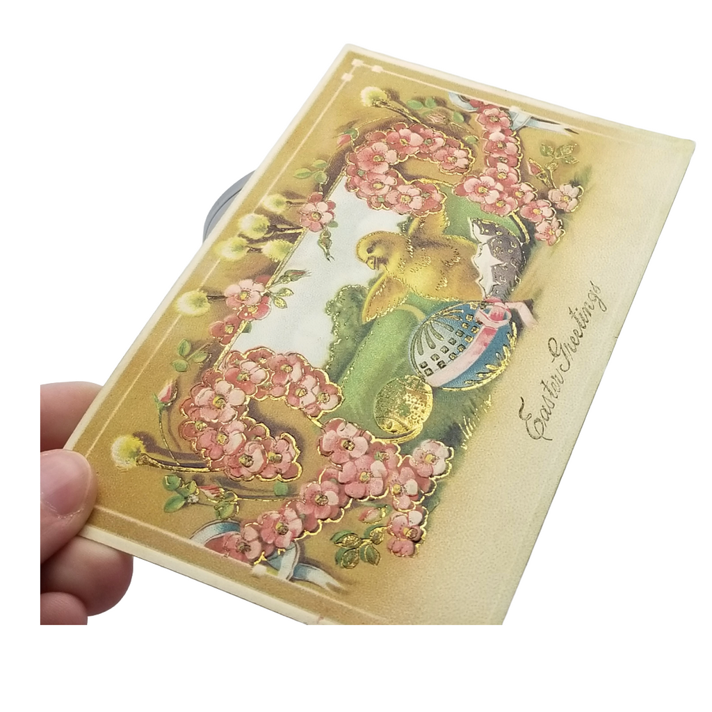 Easter Postcard Dancing Baby Chick Pink Flowers Gold Embossed Card