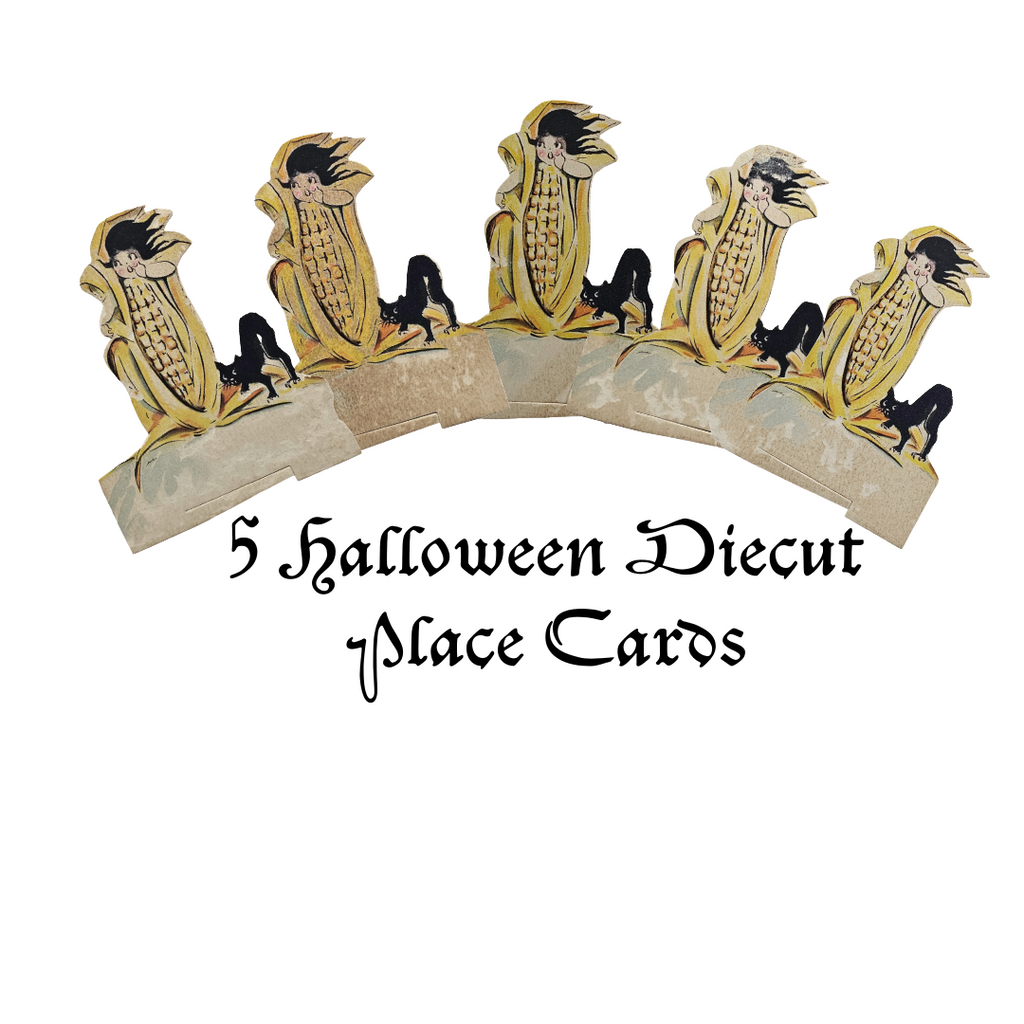 Halloween-themed diecut place card with corn and black cat design on a white background.