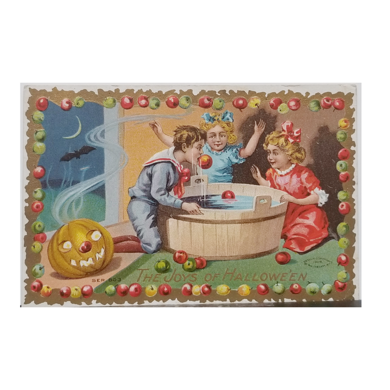 Vintage 1909 Taggart Halloween Postcard - "The Joys of Halloween" Embossed Bobbing for Apples