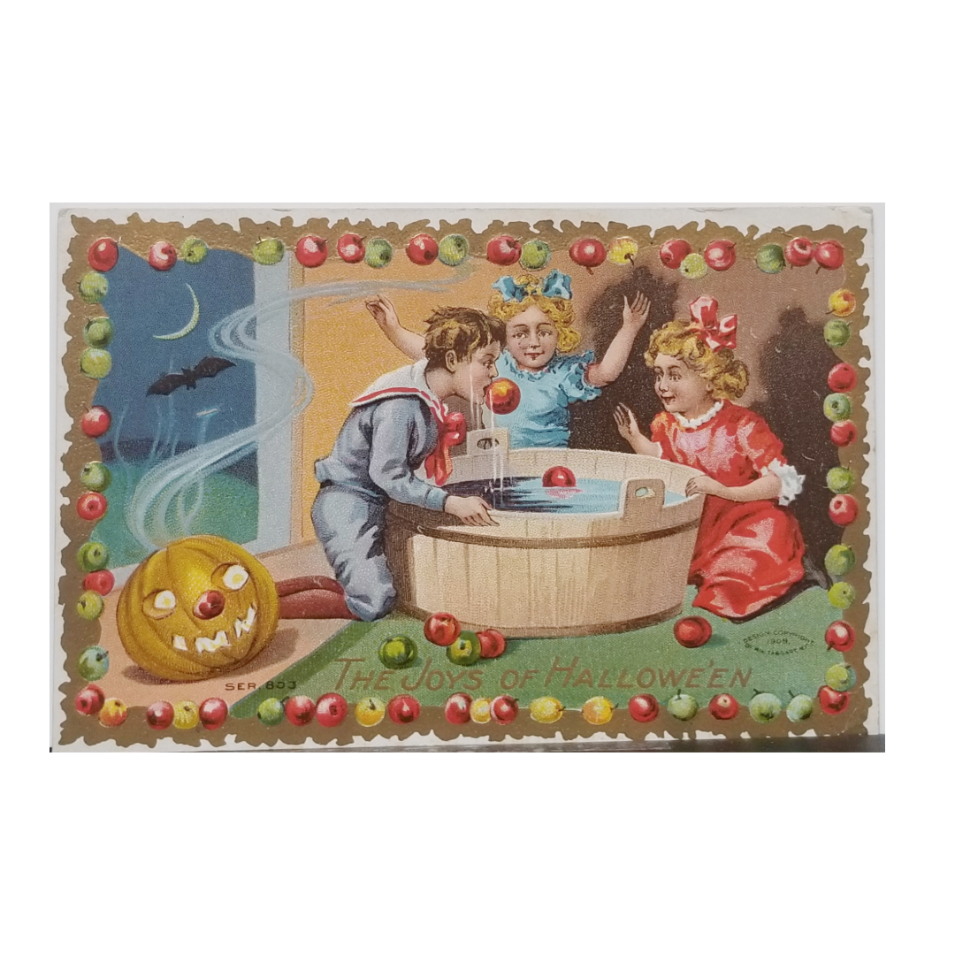 Vintage 1909 Taggart Halloween Postcard - "The Joys of Halloween" Embossed Bobbing for Apples