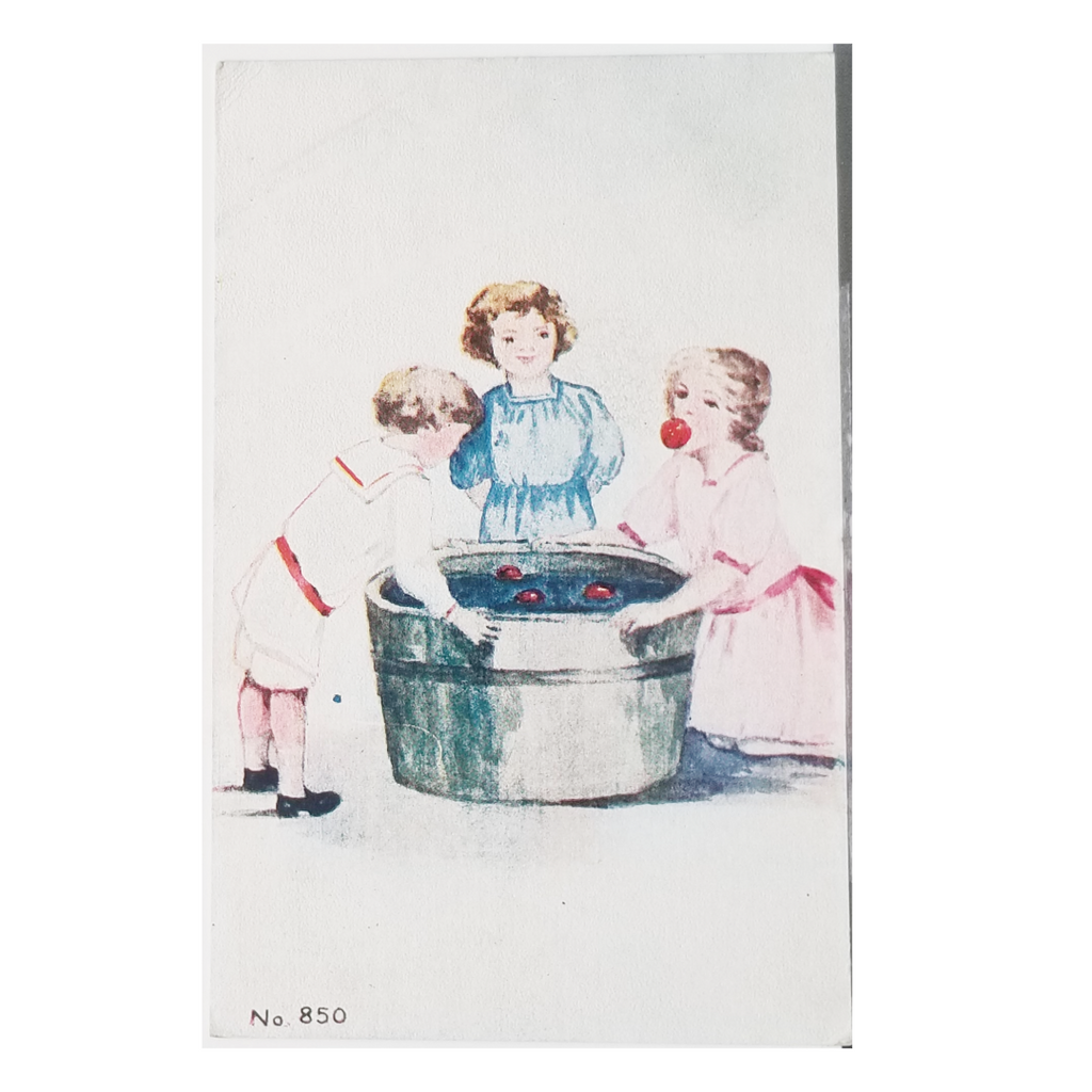 Vintage 1914 Halloween Postcard - Children Bobbing for Apples Art Illustration