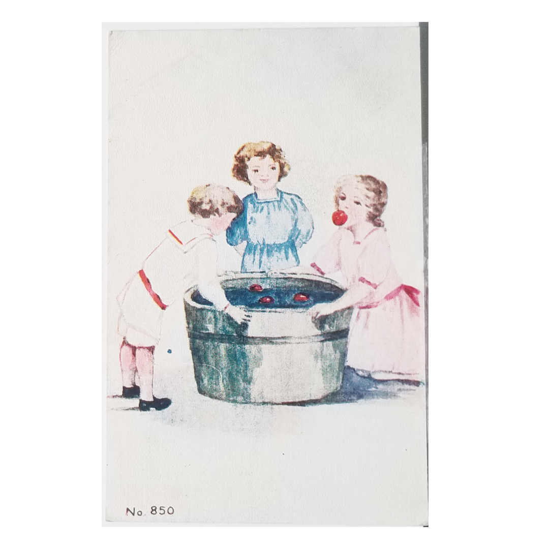 Vintage 1914 Halloween Postcard - Children Bobbing for Apples Art Illustration