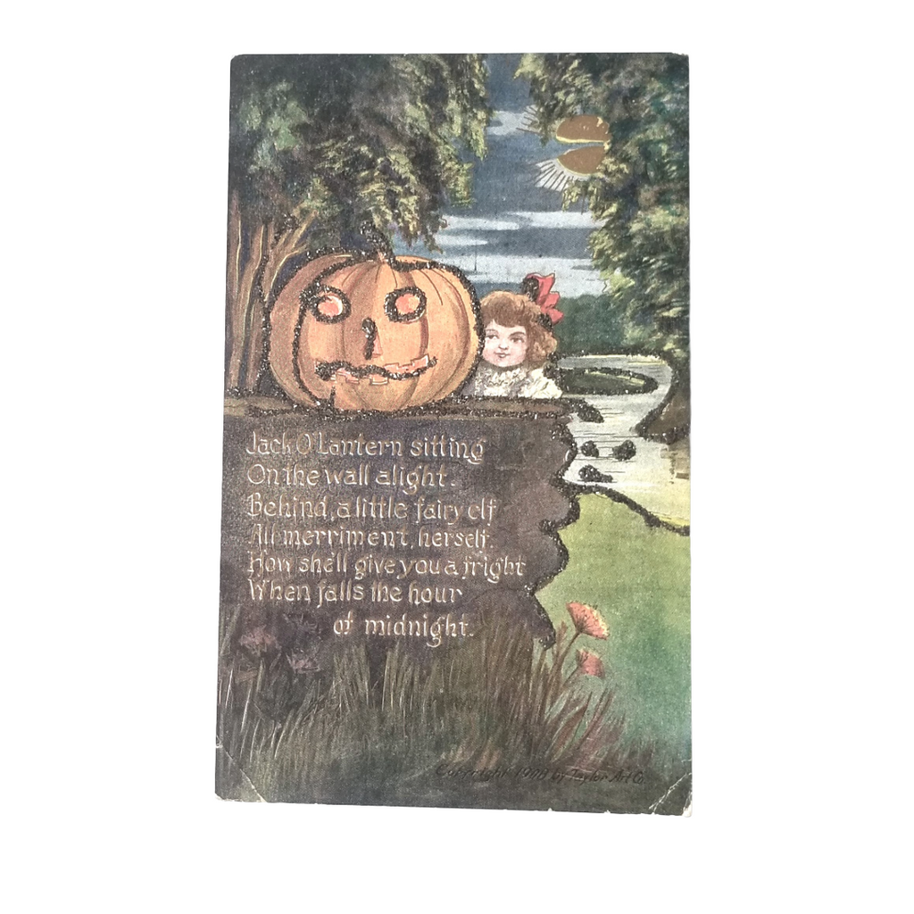 Vintage Halloween postcard with pumpkin and child illustration