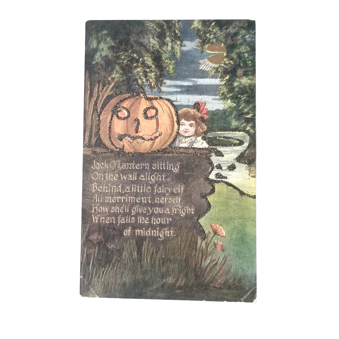 Vintage Halloween postcard with pumpkin and child illustration