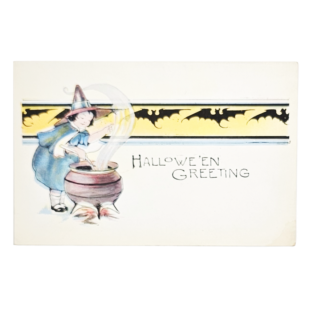 Vintage 1910s Halloween Postcard - "Hallowe'en Greeting" Little Witch Cauldron & Bats - Series No. 298