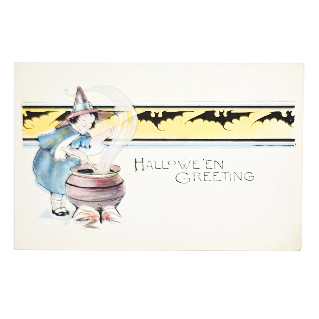 Vintage 1910s Halloween Postcard - "Hallowe'en Greeting" Little Witch Cauldron & Bats - Series No. 298