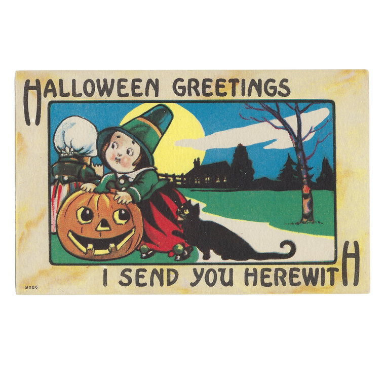 Vintage 1910s Halloween Postcard - Child Witch, Jack-O'-Lantern & Black Cat by Bergman (Series 9086)