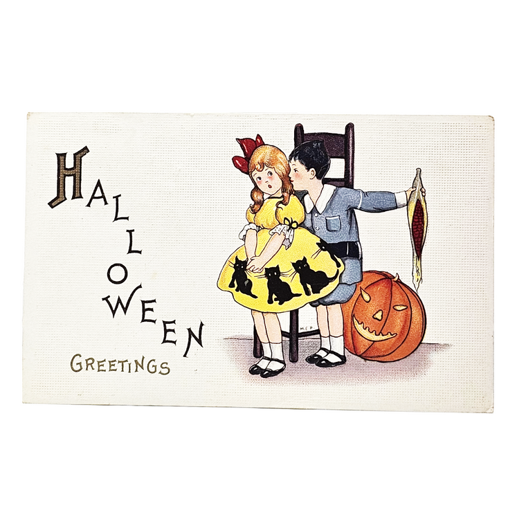 Antique 1913 Stecher Halloween Postcard - Margaret Evans Price Boy & Girl Art (Series 400 A)