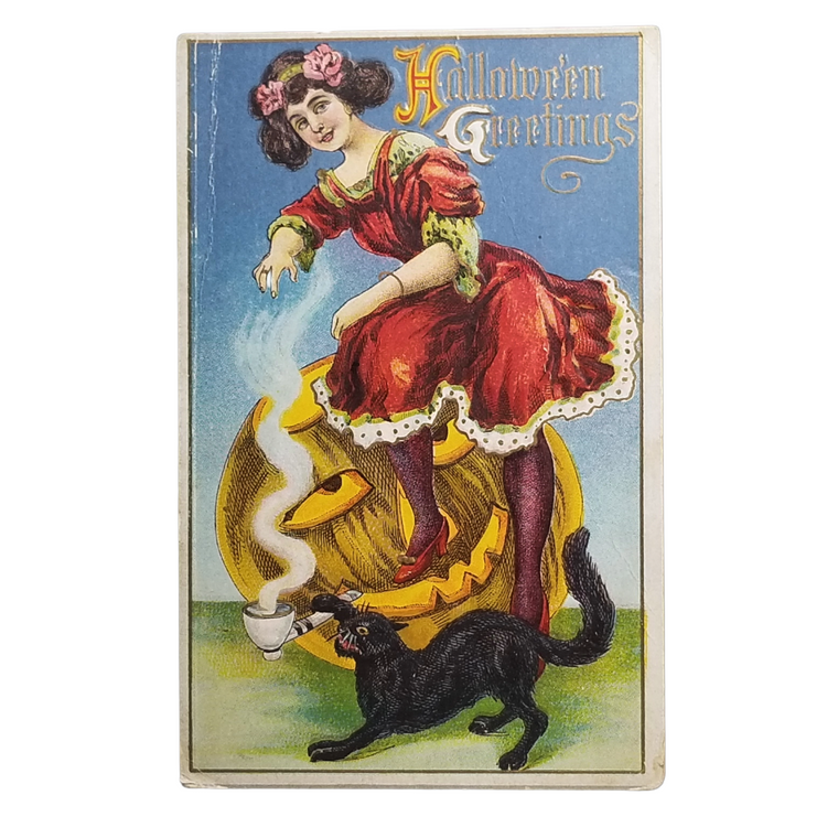 Antique 1915 Halloween Greetings Postcard - Pretty Witch in Red Dress, Smoking JOL Pumpkin, Black Cat - Embossed Series 116