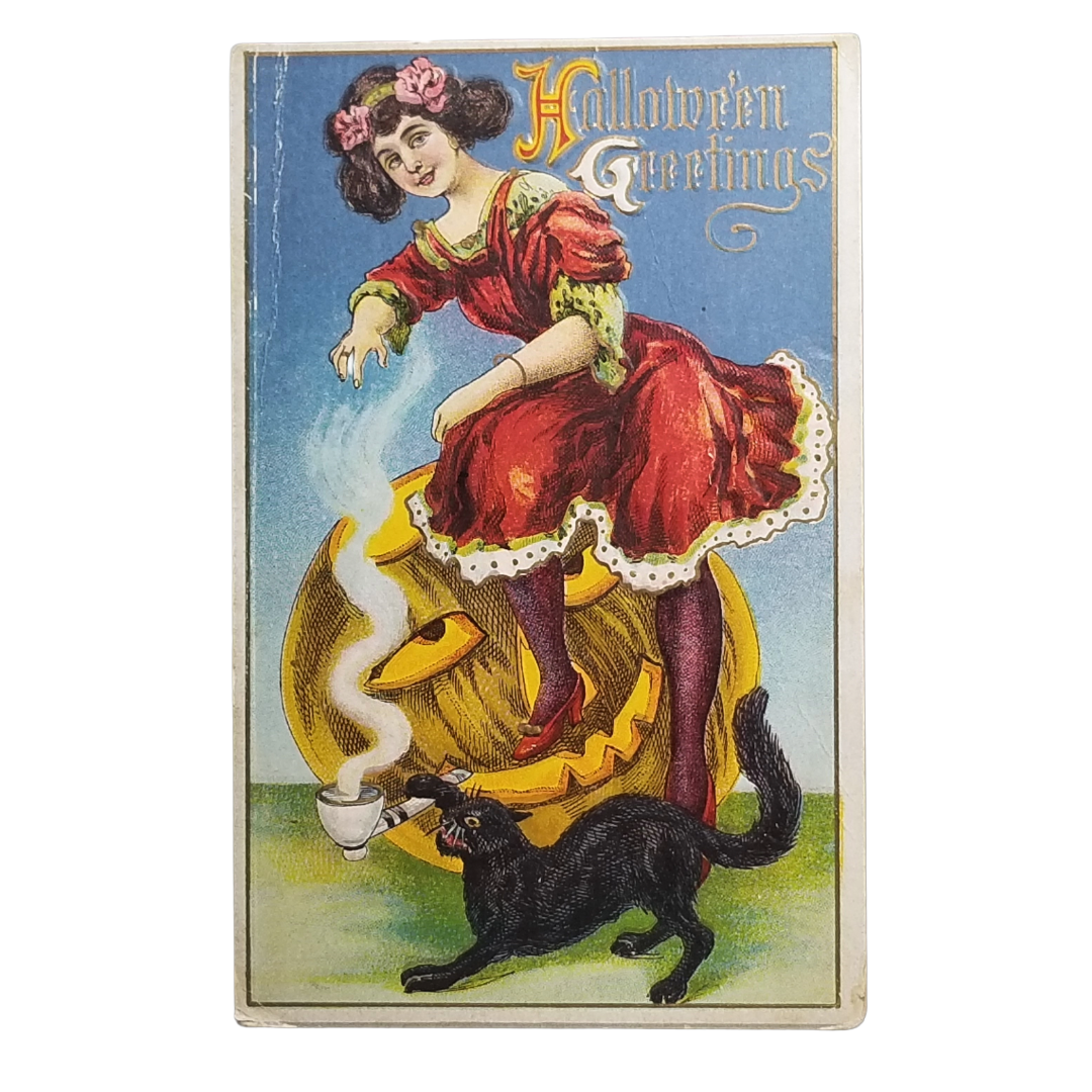 Antique 1915 Halloween Greetings Postcard - Pretty Witch in Red Dress, Smoking JOL Pumpkin, Black Cat - Embossed Series 116