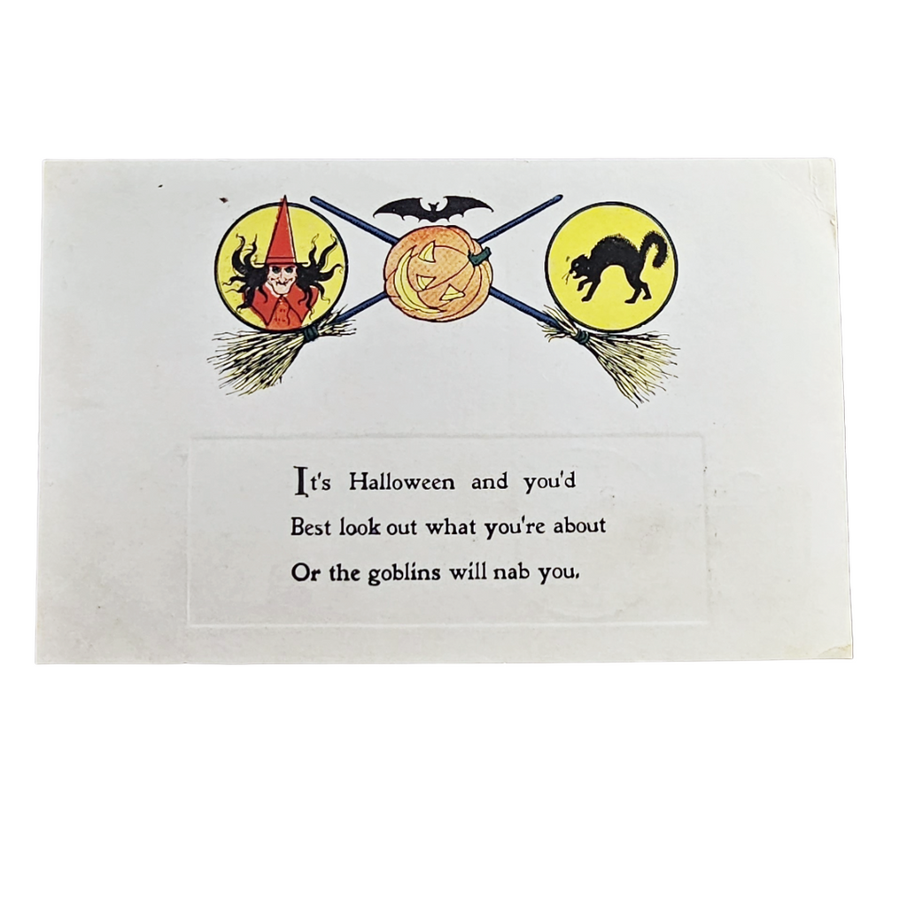 Antique 1912 Halloween Postcard - Witch, Jack-O'-Lantern & Black Cat on Crossed Brooms