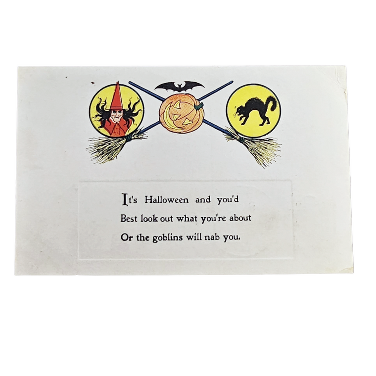 Antique 1912 Gibson Halloween Postcard - Witch, Jack-O'-Lantern & Black Cat on Crossed Brooms