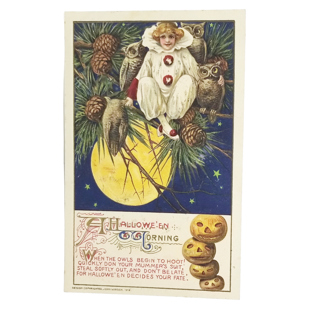 halloween postcard clown pierrot in pine tree with owls under moonlight. John Winsch publishing by artist Schmucker.