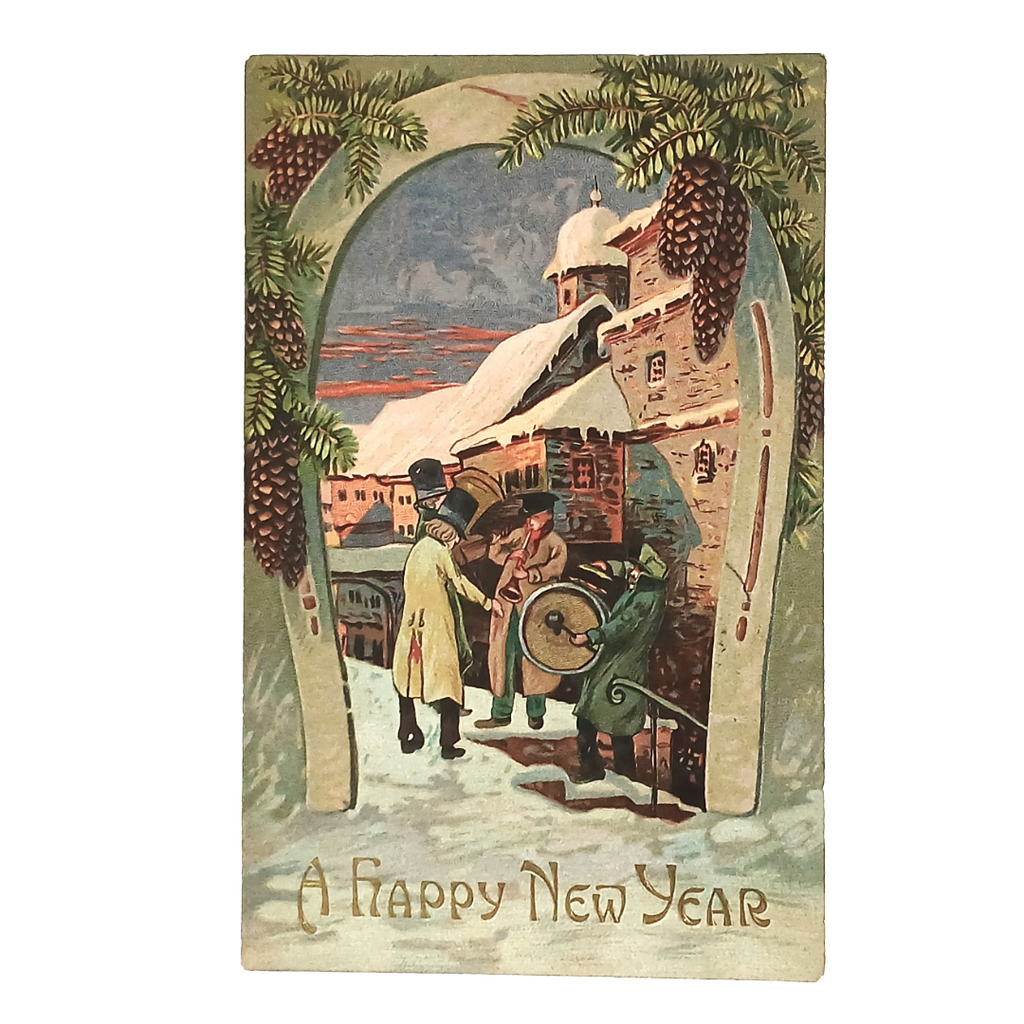 Vintage New Year's card with three men under an archway, surrounded by pine cones and a snowy village scene.