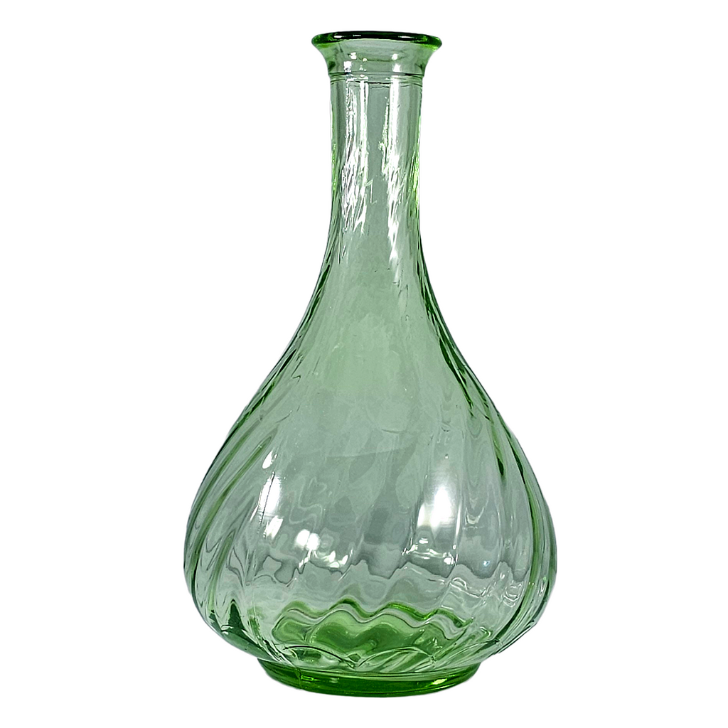 A green glass vase with a bulbous, rounded body, a narrow neck, and a flared rim, featuring a textured, ribbed pattern on a plain white background.