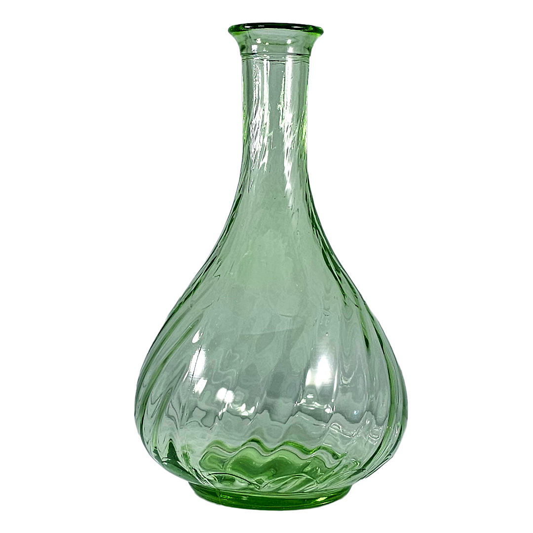 A green glass vase with a bulbous, rounded body, a narrow neck, and a flared rim, featuring a textured, ribbed pattern on a plain white background.